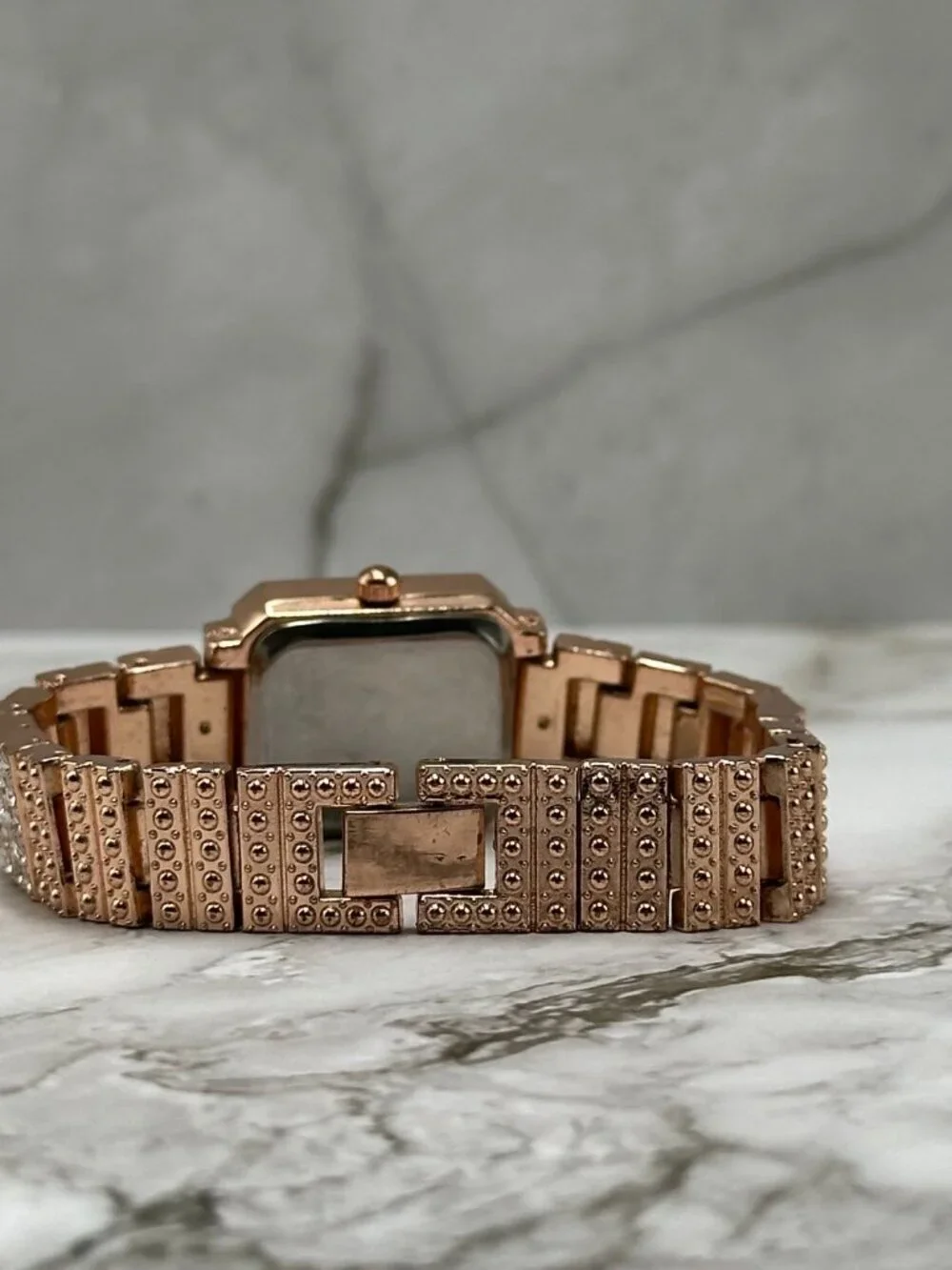 Rose Gold Tone Rhinestone Watch Womens Square Dial 20MM New Battery 6.5 Inch